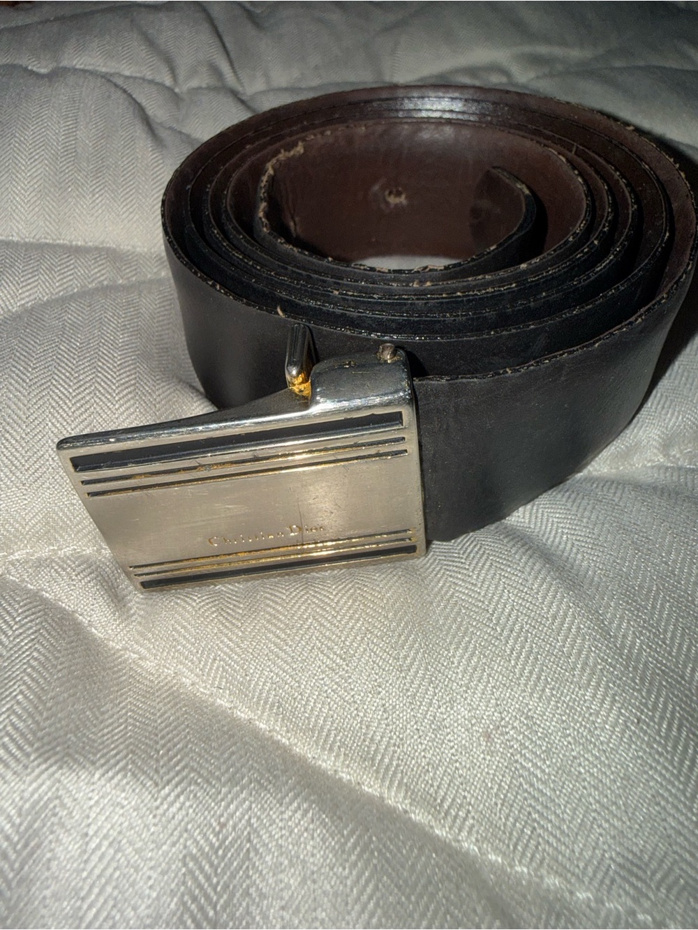 Dior Black Leather Belt with Silver & Gold-Tone Buckle